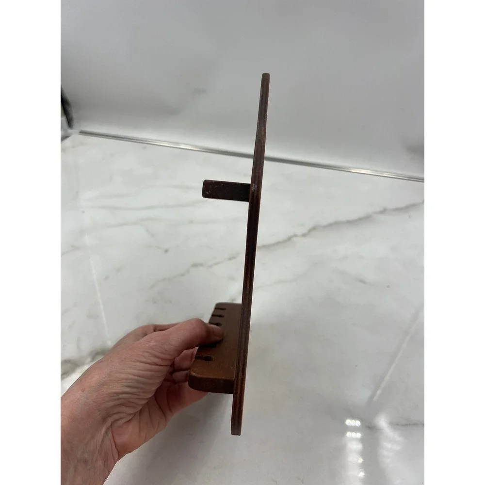 Vintage Wooden Wall Hanging Spoon Rack Display Holder 12 Slot Brown Scalloped